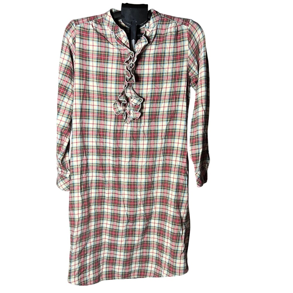 LL Bean Womens Red Plaid Flannel Nightgown Ruffle Neck Cotton Sleep Dress M Reg